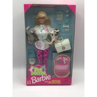 Photo of 1996 Vintage Pet Doctor Barbie Doll Vet NRFB Talking Pet Bed & Cat & Dog 14603