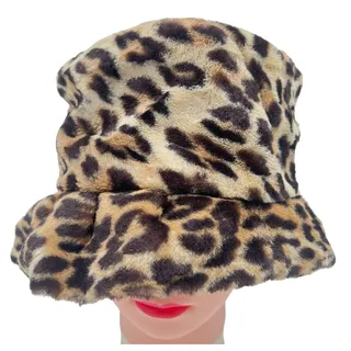 Photo of Leopard Print Bucket Hat Extended Neck Faux Fur Ribbon Accent O/S Boho Mod