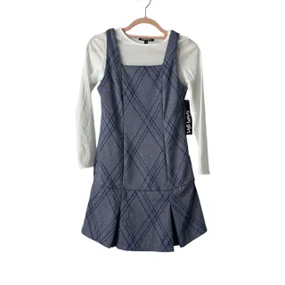 Photo of NWT Trixxi Girl 2pc Blue Plaid Pleated Skirt Jumper Rib White Shirt-Girls Large