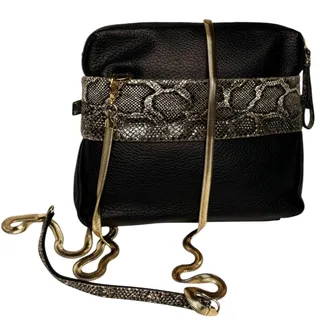 Photo of Halston Handbag Black Leather Snakeskin Detail Crossbody Purse Gold Chain Strap