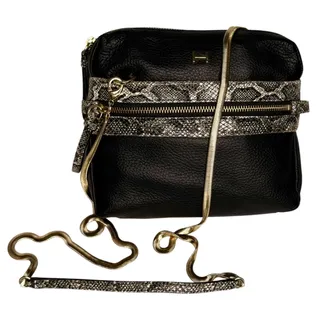 Photo of Halston Handbag Black Leather Snakeskin Detail Crossbody Purse Gold Chain Strap