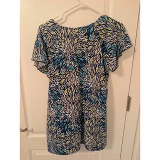 Photo of Dressbarn Womens Top Large Blue/Black Print Beaded Front Neckline, boho, Office