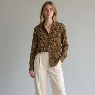 Photo of J. McLaughlin Cotton Leopard Print Button Front Shirt Women's Sz S Brown Tan