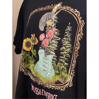 Photo of Melissa Etheridge Graphic Black T-Shirt Vintage-Style Guitar with Flowers & Bird