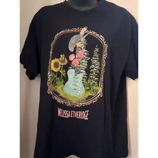 Photo of Melissa Etheridge Graphic Black T-Shirt Vintage-Style Guitar with Flowers & Bird