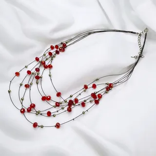 Photo of Multi-Strand Layered Red Iridescent Crystals, Silver Ball Spacers, Wire Necklace