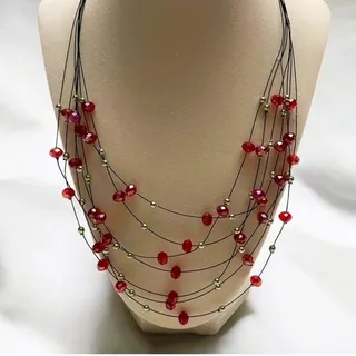 Photo of Multi-Strand Layered Red Iridescent Crystals, Silver Ball Spacers, Wire Necklace