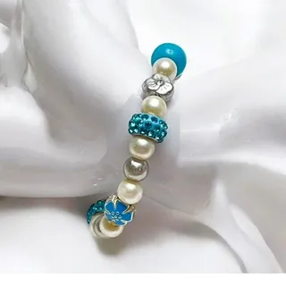 Photo of Faux Pearl, Turquoise Glass, Rhinestone Beaded Stretch Bracelet w/Flower Accents