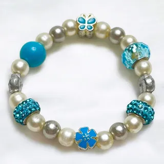 Photo of Faux Pearl, Turquoise Glass, Rhinestone Beaded Stretch Bracelet w/Flower Accents