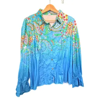 Photo of Turquoise Blue Paisley Blouse Size 3X Pleats Bell Sleeves Ombre
