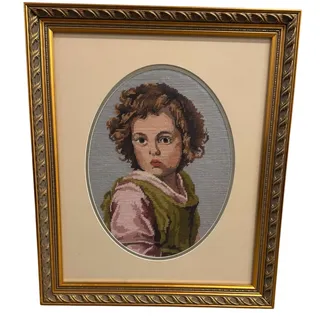 Photo of Vintage 1972 Needlepoint Portrait of a Young Girl – Ornate Gold Frame