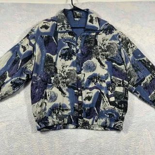 Photo of VTG 90s Fuda International Silk Bomber Jacket XL Blue Abstract Print YKK