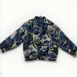 Photo of VTG 90s Fuda International Silk Bomber Jacket XL Blue Abstract Print YKK