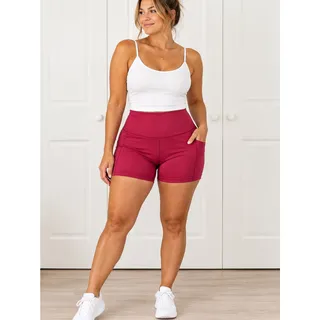 Photo of High Waisted Athletic Shorts Women’s 2XL Red w/ Side Pockets, Yoga, Gym, Bike