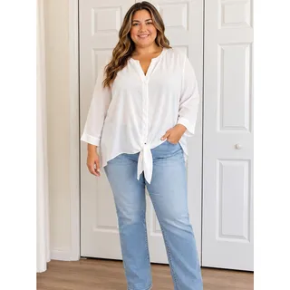 Photo of Chico’s Size 3 White Tie Front High-Low Blouse 3/4 Sleeve Flowy Top Office