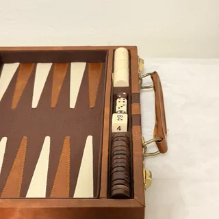 Photo of Vintage 1970s Full Size Backgammon Set Brown Faux Leather Racing Stripe Case