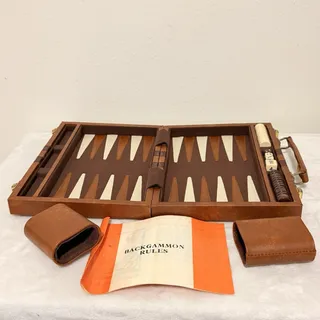 Photo of Vintage 1970s Full Size Backgammon Set Brown Faux Leather Racing Stripe Case