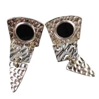 Photo of Silvertone Three Part Dangle Earrings • Hammered • Black Enamel Circle • 2"