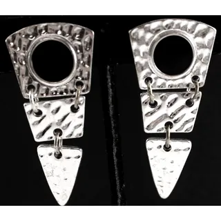 Photo of Silvertone Three Part Dangle Earrings • Hammered • Black Enamel Circle • 2"