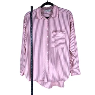 Photo of LOFT Boyfriend Shirt Women's Small Pink Black Stripe Cotton Modal Button Down