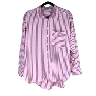 Photo of LOFT Boyfriend Shirt Women's Small Pink Black Stripe Cotton Modal Button Down