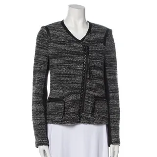Photo of Rebecca Taylor Size 6 Wool Blend Jacket Leather Trim Moto Blazer Black Gray