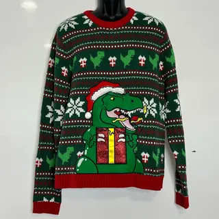 Photo of Blizzard Bay Ugly Christmas Sweater Mens Large Green T-Rex Dinosaur Santa Knit