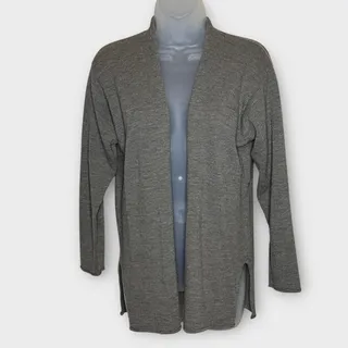 Photo of EILEEN FISHER Textured 100% Wool Sage Gray Open Front Cardigan Sweater Size M