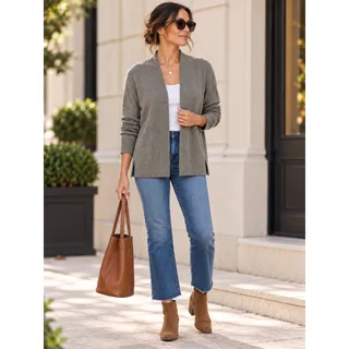 Photo of EILEEN FISHER Textured 100% Wool Sage Gray Open Front Cardigan Sweater Size M