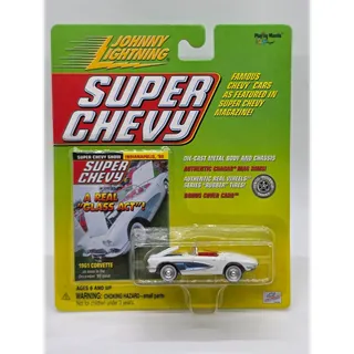 Photo of Johnny Lightning Super Chevy 1961 Chevrolet Corvette Convertible White Blue 1:64
