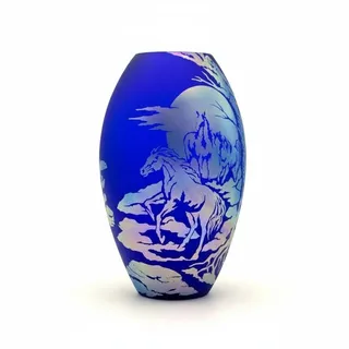 Photo of Fenton Wild Horses Favrene Cobalt Blue Art Glass Vase-Signed-Iridescent-Western
