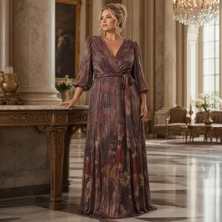 Photo of Jessica Howard 20W NWT Metallic Earth‑Tone Abstract Faux Wrap Maxi Dress