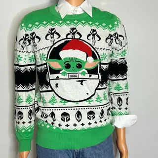 Photo of Star Wars Mandalorian Grogu Baby Yoda Christmas Sweater Mens Large Green Santa Hat