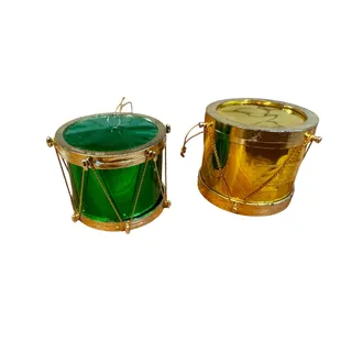 Photo of vintage plastic toy drum Christmas ornaments shiny metallic green yellow x2 80s