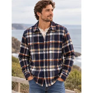 Photo of MARINE LAYER Navy Plaid Lined Flannel Shirt Jacket Shacket Medium Fall