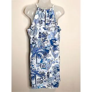 Photo of NWT LONDON TIMES Blue White Tropical Toile Rope Halter Shift Dress Size 12