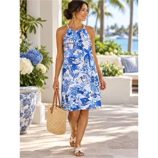 Photo of NWT LONDON TIMES Blue White Tropical Toile Rope Halter Shift Dress Size 12