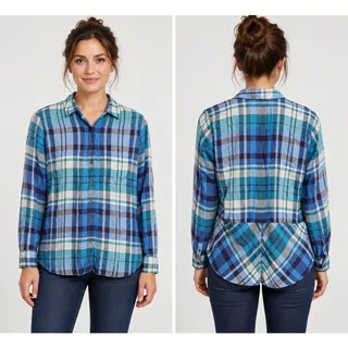 Photo of Talbots Blue Plaid Light Flannel Button Down Top Small P