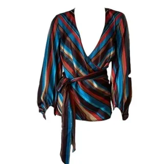 Photo of INC International Concepts Silky Striped Wrap Blouse Balloon Sleeve XS NWT