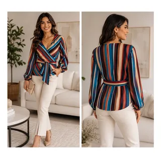 Photo of INC International Concepts Silky Striped Wrap Blouse Balloon Sleeve XS NWT