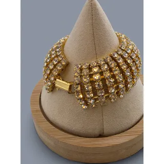 Photo of Vintage 1950s 1960s Clear Rhinestone Wide Gold Tone Statement Bracelet