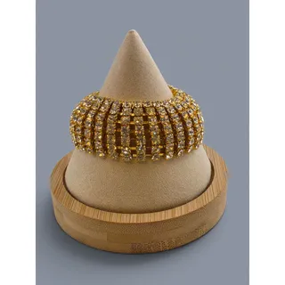 Photo of Vintage 1950s 1960s Clear Rhinestone Wide Gold Tone Statement Bracelet