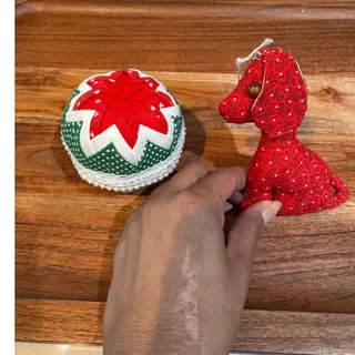 Photo of vintage handmade calico fabric dog and quilted fabric Christmas ball ornaments