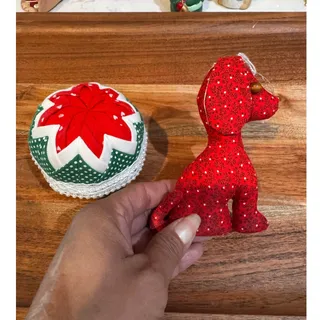 Photo of vintage handmade calico fabric dog and quilted fabric Christmas ball ornaments