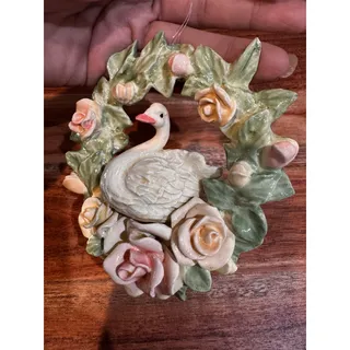 Photo of vintage resin paper mache swan wreath Christmas ornament 80s 90s pastel colors 