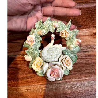 Photo of vintage resin paper mache swan wreath Christmas ornament 80s 90s pastel colors 