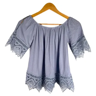 Photo of Boho off-shoulder blouse w/ crochet lace trim – S blue