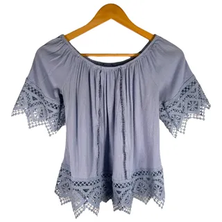 Photo of Boho off-shoulder blouse w/ crochet lace trim – S blue