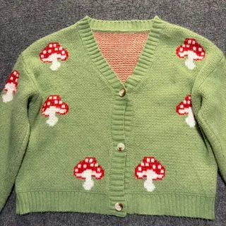 Photo of Womens Small Green Mushroom Knit Cardigan Sweater Cottagecore Fairycore Acrylic