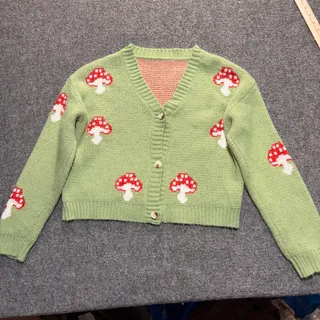 Photo of Womens Small Green Mushroom Knit Cardigan Sweater Cottagecore Fairycore Acrylic